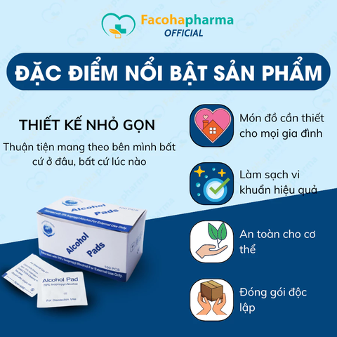Hộp 100 miếng bông tẩm cồn Facoha Pharma khử trùng móng và da giúp lau sạch điện thoại dùng một lần
