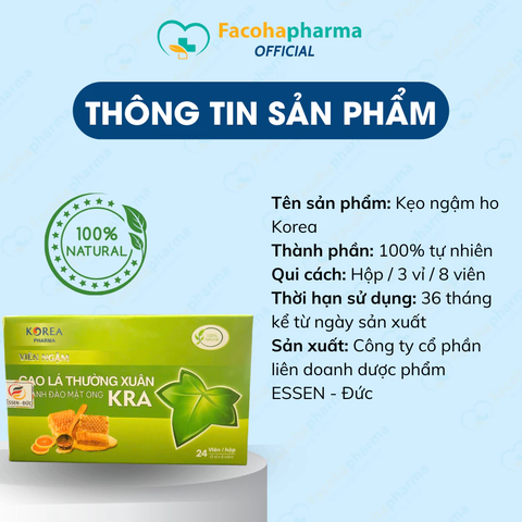 Kẹo ngậm ho bạc hà Korea cao lá thường xuân chanh đào mật ong the mát giảm đau họng hộp 24 viên