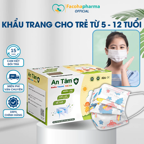 Khẩu trang y tế cho bé An Tâm chống bụi mịn kháng khuẩn hộp 50 tiết cute cho bé từ 5 - 12 tuổi