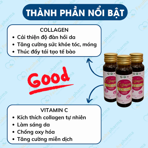 Nước uống trắng da Collagen 9X Plus 16000 cung cấp vitamin C nhau thai cừu giúp sáng da chống lão hóa mất ngủ chai 50ml