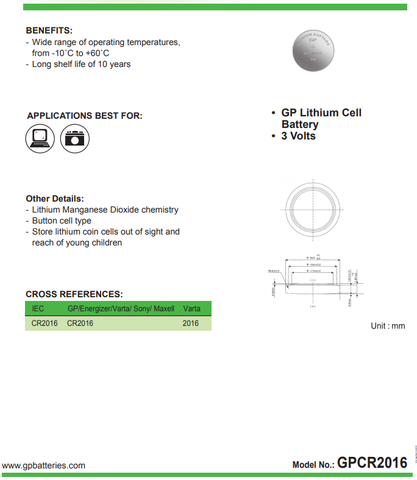 GP Pin cúc áo Lithium 2016 CR2016-2CPU5