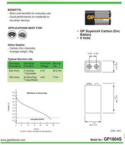 GP Pin 9 Volt Supercell - 1604S - IS1