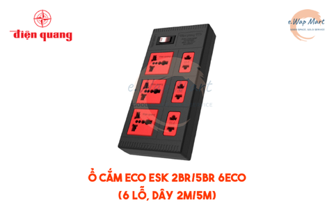 Điện Quang Ổ cắm ESK 2BR 6 ECO (6 lỗ, dây 2m, màu đen đỏ)