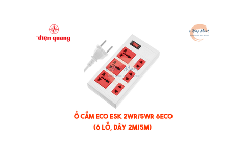 Điện Quang Ổ cắm ESK 2WR 6 ECO (6 lỗ, dây 2m, màu trắng đỏ)