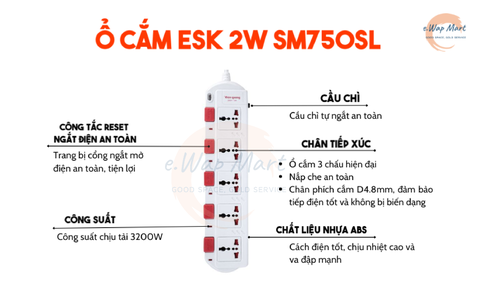Điện Quang Ổ cắm ESK 2W SM750SL (5 lỗ 3 chấu, dây 2m, màu trắng đỏ)