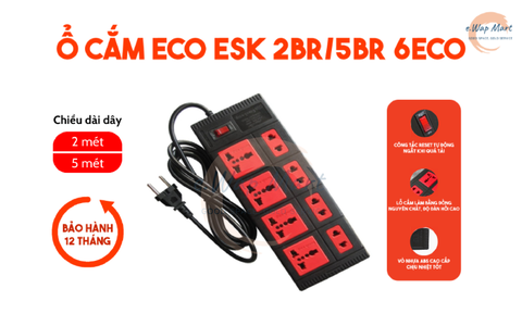 Điện Quang Ổ cắm ESK 2BR 6 ECO (6 lỗ, dây 2m, màu đen đỏ)