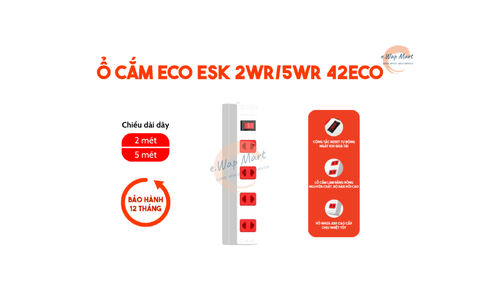 Điện Quang Ổ cắm ESK 5WR 42 ECO (4 lỗ 2 chấu, dây 5m, màu trắng đỏ)