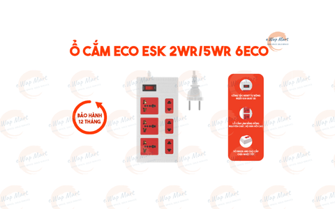 Điện Quang Ổ cắm ESK 2WR 6 ECO (6 lỗ, dây 2m, màu trắng đỏ)