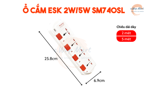 Điện Quang Ổ cắm ESK 2W SM740SL (4 lỗ 3 chấu, dây 2m, màu trắng đỏ)