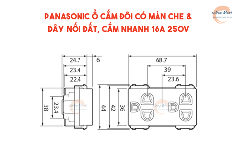 Panasonic Ổ cắm đôi có màn che và dây nối đất, cắm nhanh 16A 250V