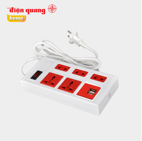 Điện Quang Ổ cắm ESK 5WR 5 ECO 2A (5 lỗ, dây dài 5 mét, màu trắng đỏ, 2 cổng USB 2.0A)