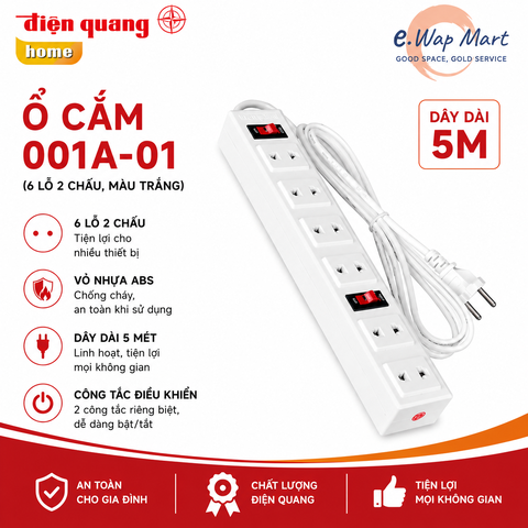 Điện Quang Ổ cắm 001A-01 (6 lỗ 2 chấu, dây 5m, màu trắng)