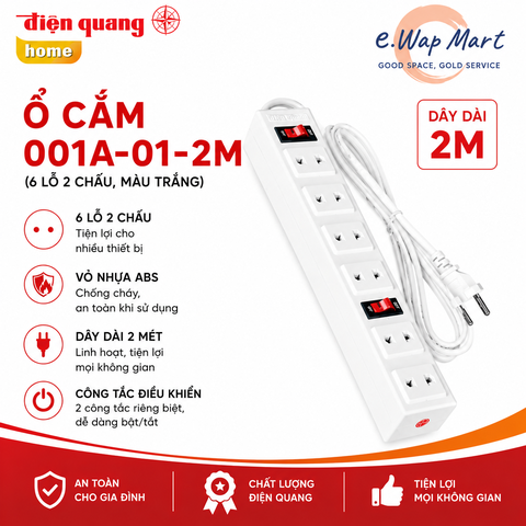 Điện Quang Ổ cắm 001A-01-2M (6 lỗ 2 chấu, dây 2m, màu trắng)