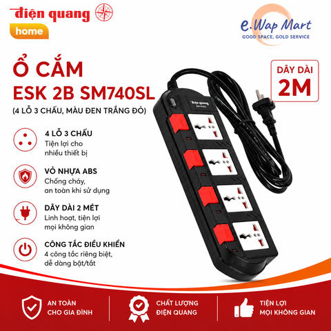 Điện Quang Ổ cắm ESK 2B SM740SL (4 lỗ 3 chấu, dây 2m, màu đen trắng đỏ)