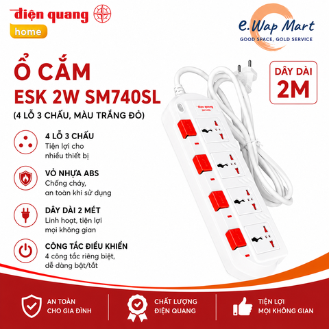 Điện Quang Ổ cắm ESK 2W SM740SL (4 lỗ 3 chấu, dây 2m, màu trắng đỏ)