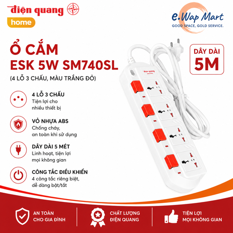 Điện Quang Ổ cắm ESK 5W SM740SL (4 lỗ 3 chấu, dây 5m, màu trắng đỏ)