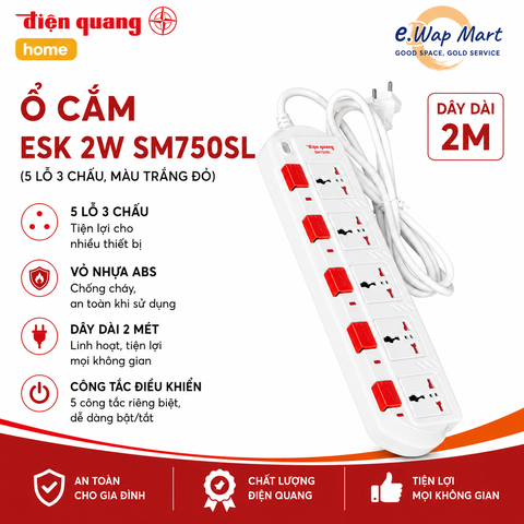 Điện Quang Ổ cắm ESK 2W SM750SL (5 lỗ 3 chấu, dây 2m, màu trắng đỏ)