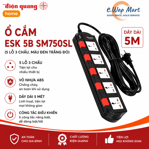 Điện Quang Ổ cắm ESK 5B SM750SL (5 lỗ 3 chấu, dây 5m, màu đen trắng đỏ)
