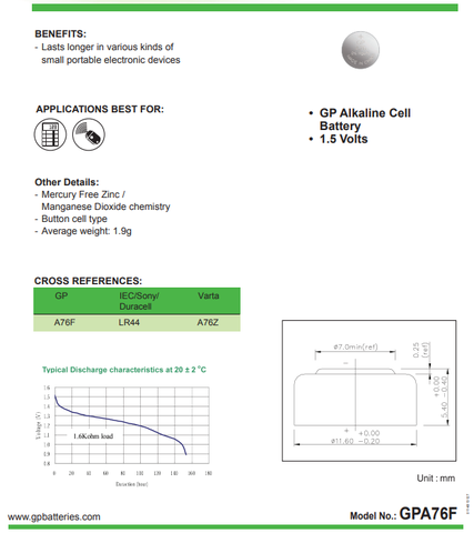 GP Pin cúc áo Lithium LR44 A76F-2C10