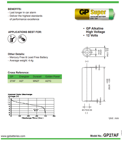 GP Pin 12 Volt Super Alkaline 27AF-2C5