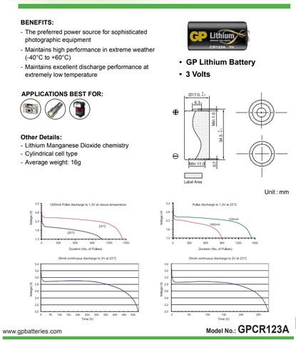 GP Pin Lithium 3V CR123AP-2GSBC1