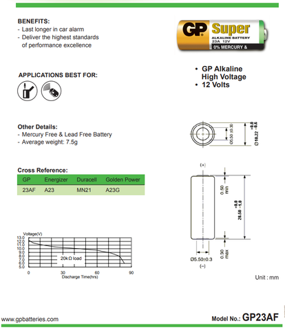 GP Pin 12 Volt Super Alkaline 23AF-2C5