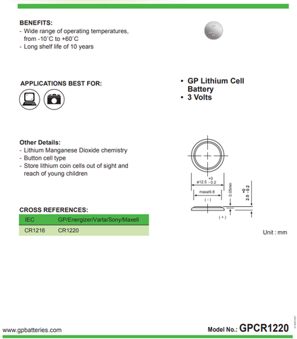GP Pin cúc áo Lithium 1220 CR1220-2CPU5