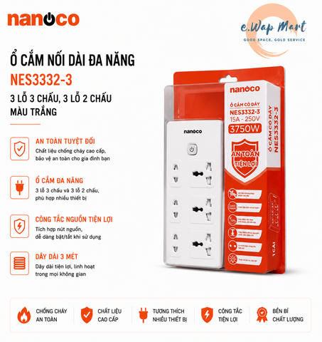 nanoco Ổ cắm NES3332-3 (3 lỗ 3 chấu, 3 lỗ 2 chấu, màu trắng) dây dài 3 mét