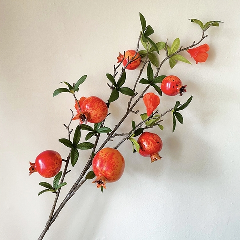 Cành lựu 6 quả có hoa đỏ, cam (80cm)