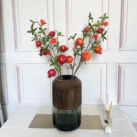 Cành lựu 6 quả có hoa đỏ, cam (80cm)