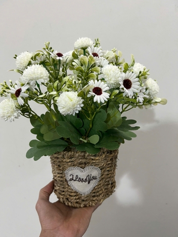 Giỏ hoa cúc trắng điểm binh bông giả 30cm