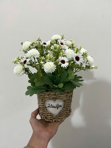 Giỏ hoa cúc trắng điểm binh bông giả 30cm