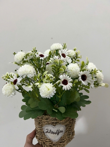 Giỏ hoa cúc trắng điểm binh bông giả 30cm