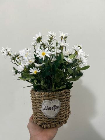 Giỏ hoa cúc họa mi trắng giả trang trí 30cm