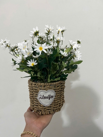 Giỏ hoa cúc họa mi trắng giả trang trí 30cm