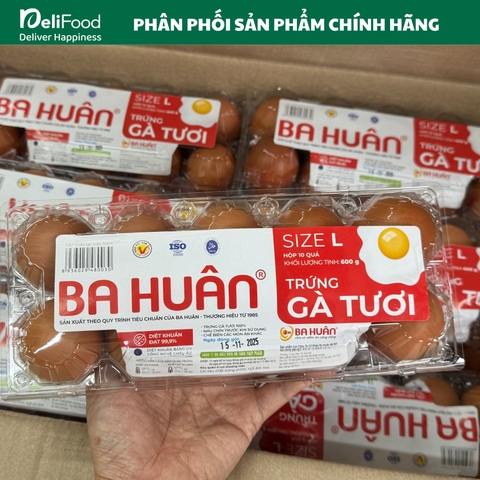 Trứng gà tươi Ba Huân size L - hộp 10 quả - Diệt khuẩn 99,9%