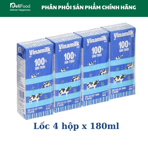 SỮA TƯƠI TIỆT TRÙNG VINAMILK 100% ÍT ĐƯỜNG - Hộp 180ml