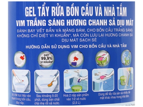 VIM tẩy bồn cầu và nhà tắm trắng sáng mùi dịu nhẹ hương chanh sả - chai 870ml