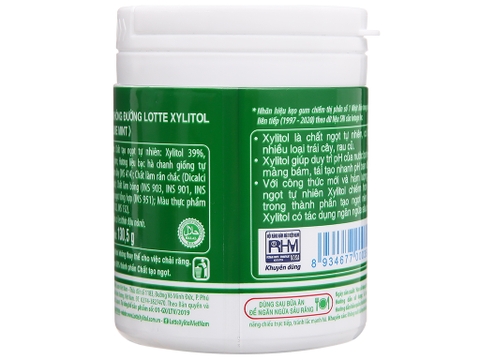 Kẹo gum không đường Lotte Xylitol hương Lime Mint hũ 130.5g