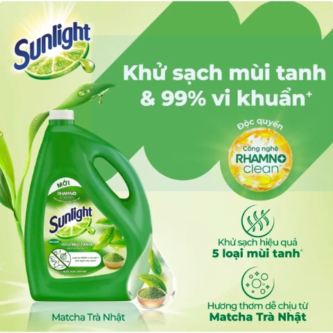Sunlight nước rửa bát khử mùi tanh matcha Nhật - can 3.5L