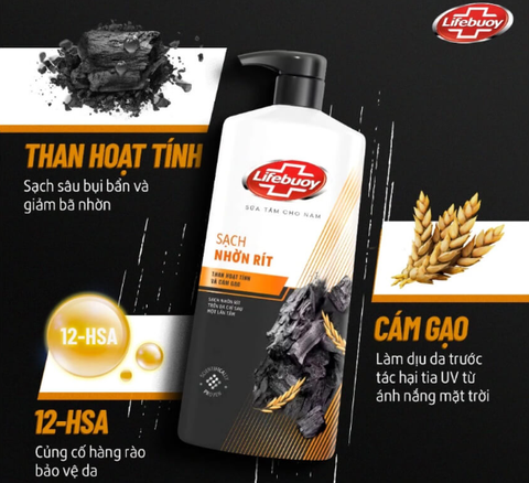LIFEBUOY Sữa tắm Sạch Bã Nhờn Than HoạtTính Cám Gạo - chai 800g