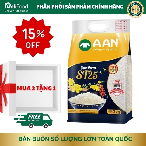 Gạo ST25 chính hãng A AN Túi 3kg - Gạo dẻo thơm ngon số 1 thế giới