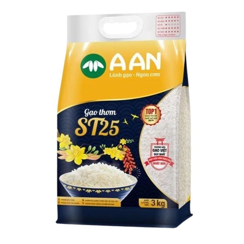 Gạo ST25 chính hãng A AN Túi 3kg - Gạo dẻo thơm ngon số 1 thế giới