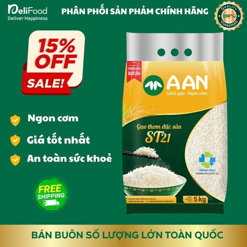 Gạo ST21 chính hãng A AN túi 5kg - Thơm ngon thượng hạng, dẻo vừa, ngọt hậu
