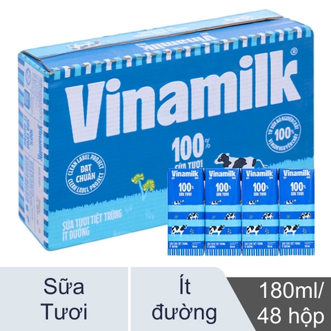 SỮA TƯƠI TIỆT TRÙNG VINAMILK 100% ÍT ĐƯỜNG - Hộp 180ml