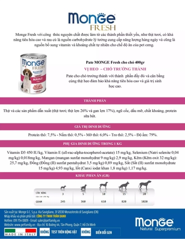 Pate chó Monge AD fresh thịt heo 400g
