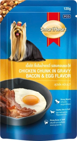Thức ăn ướt cho chó dạng túi Smartheart Special 120g - Vị gà viên nấu sốt, thịt xông khói và trứng kiểu Mỹ