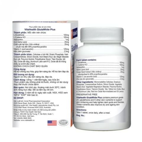 VitaHealth Viên Uống Glutawhite Plus Hỗ Trợ Chống Oxy Hóa, Làm Sáng Da 30 Viên