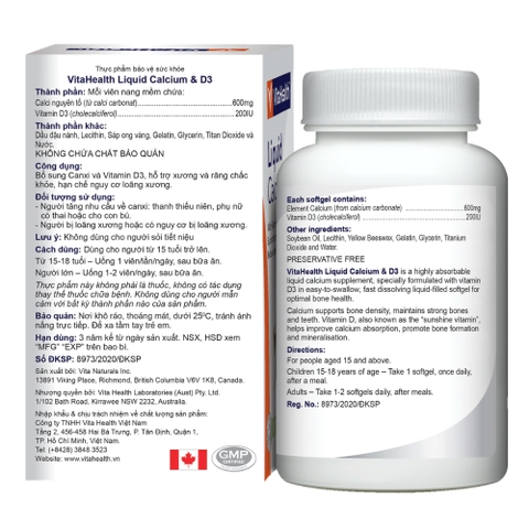 VitaHealth Viên Uống Liquid Calcium & D3 Hỗ Trợ Hạn Chế Nguy Cơ Loãng Xương 30 Viên