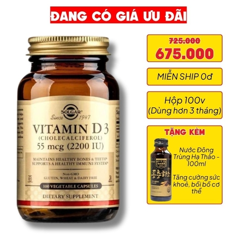 Solgar Viên Uống Bổ Sung Vitamin D3 2200 IU 100 Viên  - Chính Ngạch Mỹ